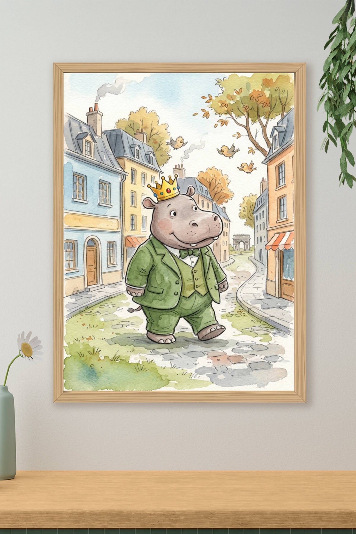 Affiche d'un hippopotame à Paris, poster costume vert