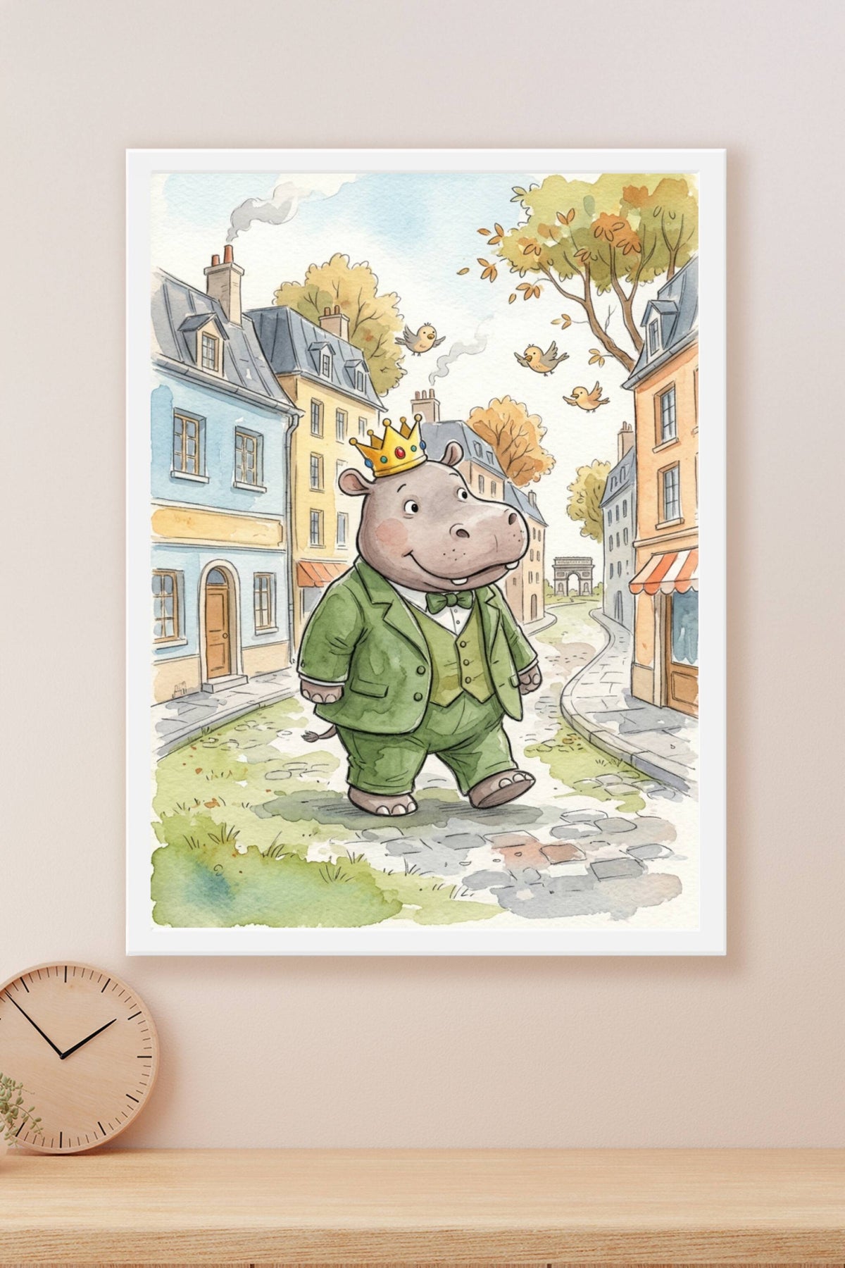 Affiche d'un hippopotame à Paris, poster costume vert