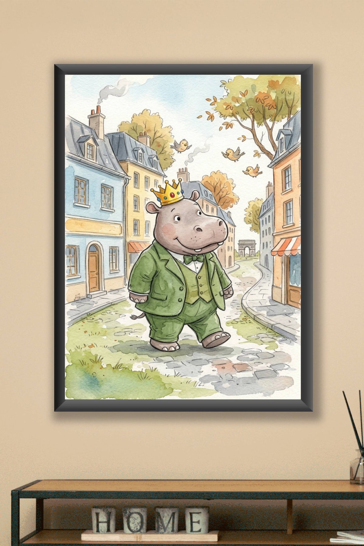 Affiche d'un hippopotame à Paris, poster costume vert