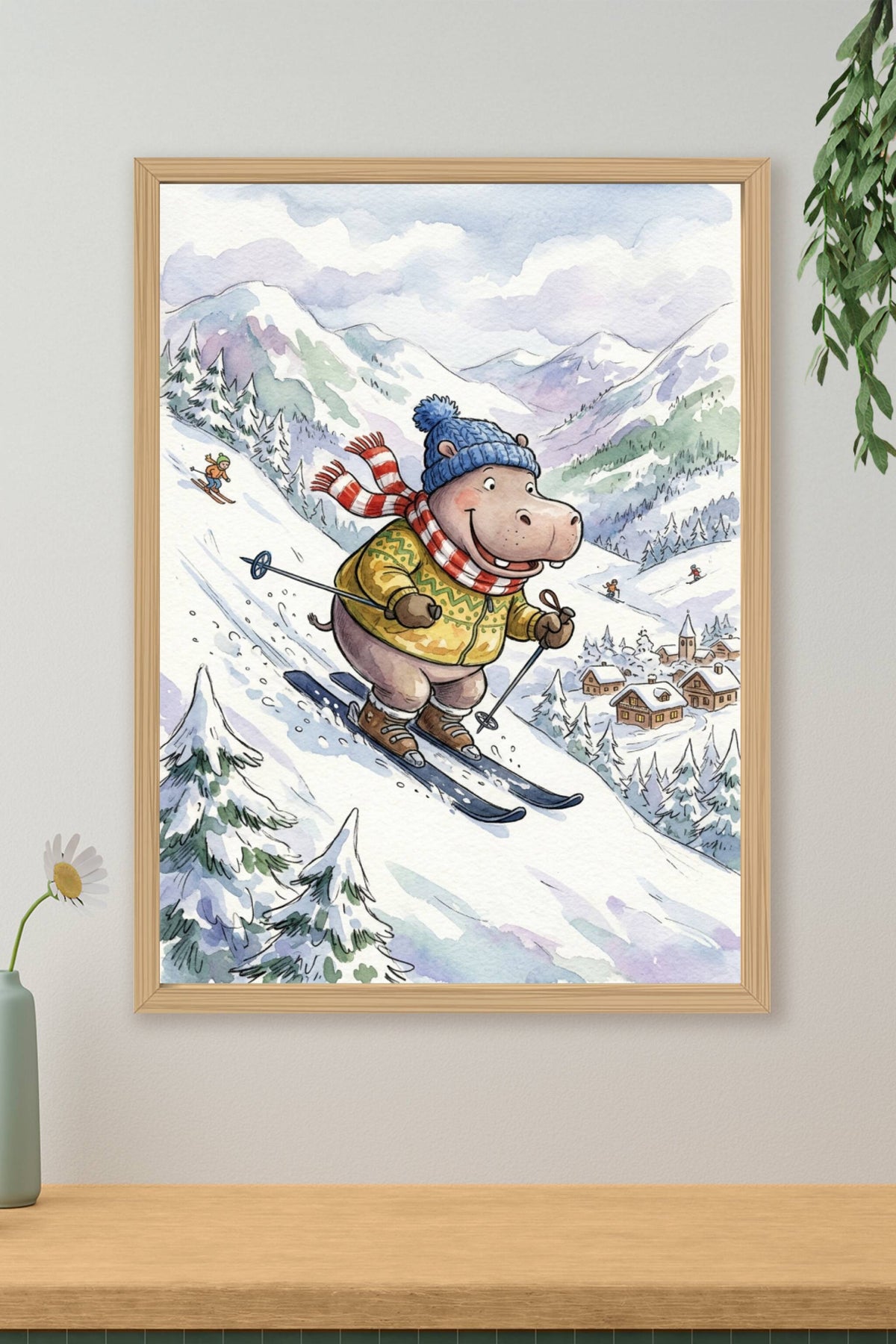 Affiche d'hippopotame au ski, poster style aquarelle