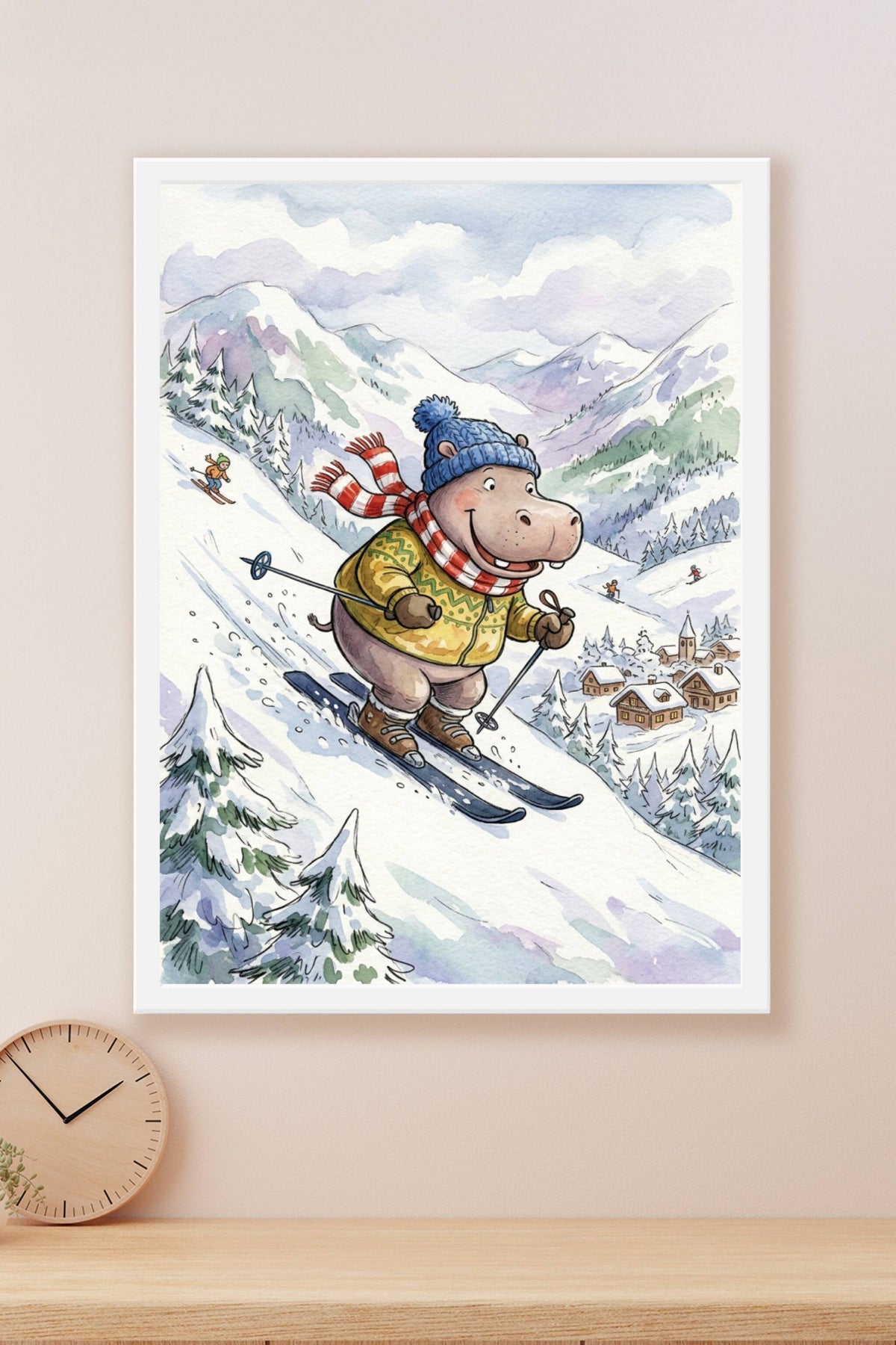 Affiche d'hippopotame au ski, poster style aquarelle