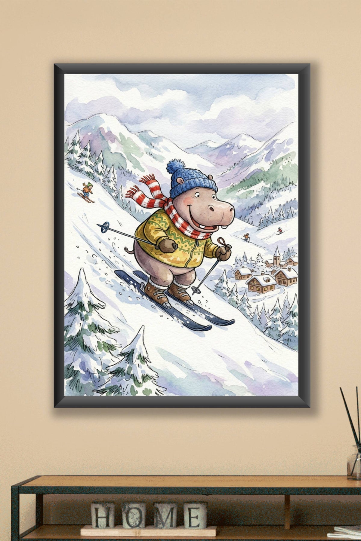 Affiche d'hippopotame au ski, poster style aquarelle