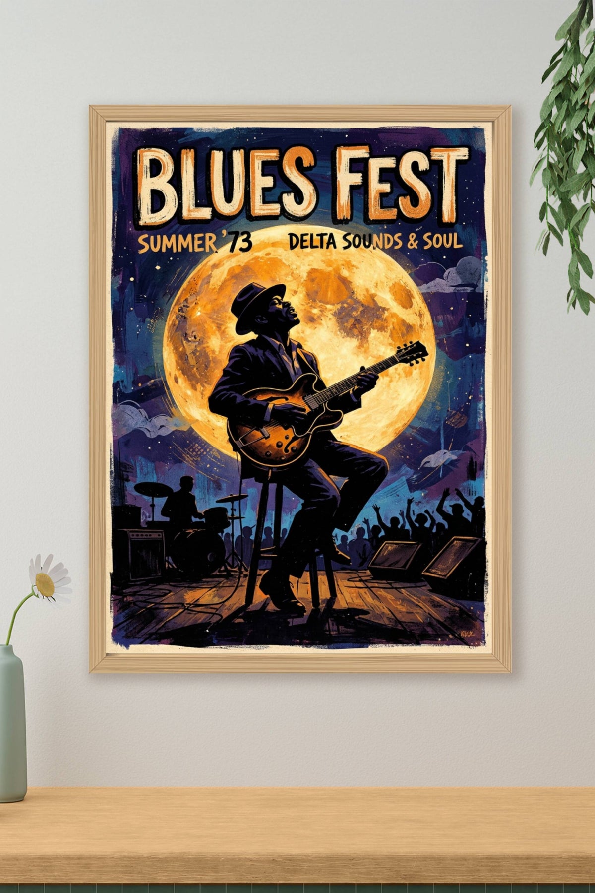 Poster Blues Fest 1973, affiche guitare et lune géante
