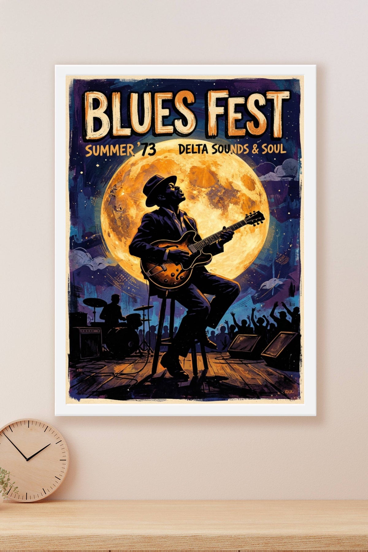 Poster Blues Fest 1973, affiche guitare et lune géante
