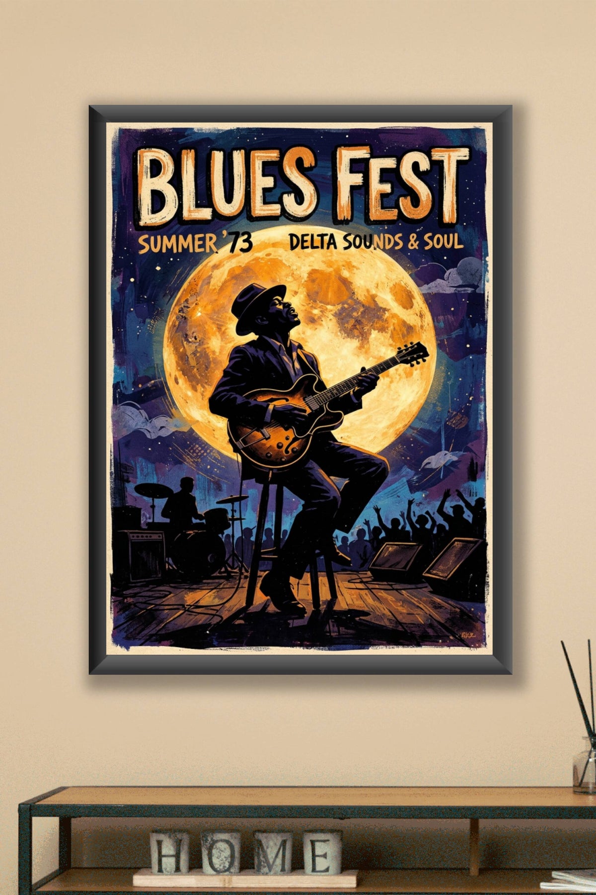 Poster Blues Fest 1973, affiche guitare et lune géante
