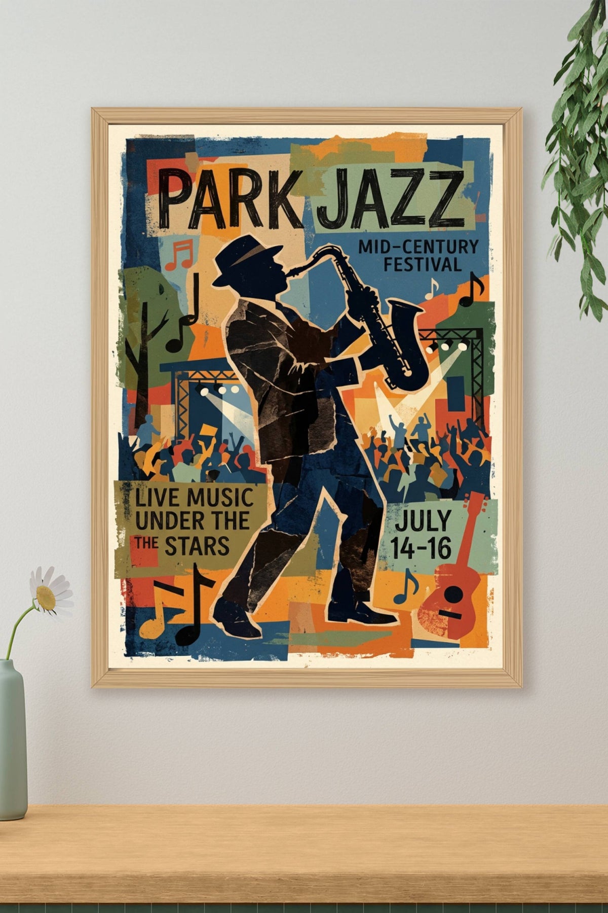 Poster Jazz Mid-Century, affiche vintage saxophoniste
