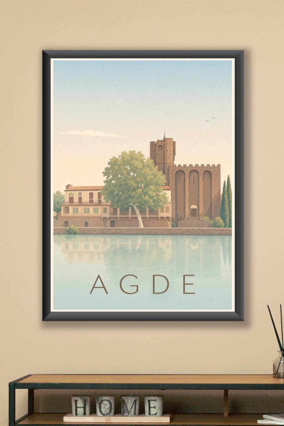 Affiche d'Agde, poster de la cathédrale Saint-Étienne au bord de l'Hérault
