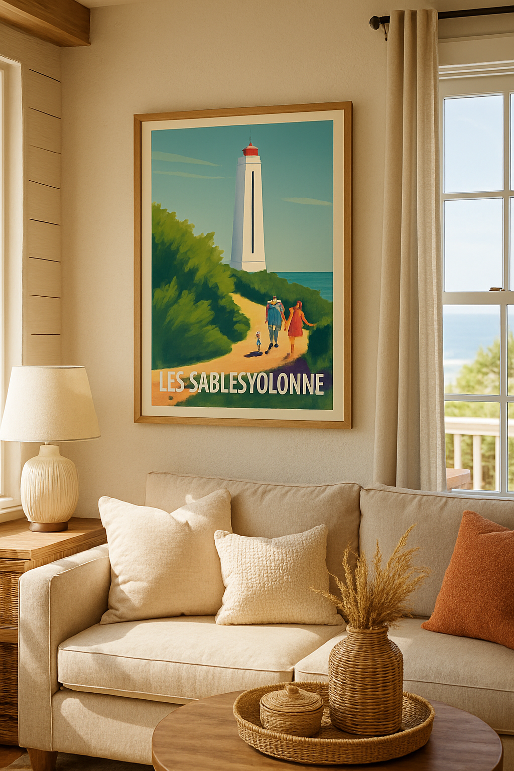 Affiche Les Sables d'Olonne — Promenade en bord de mer au phare · poster d'art de Les Sables d'Olonne