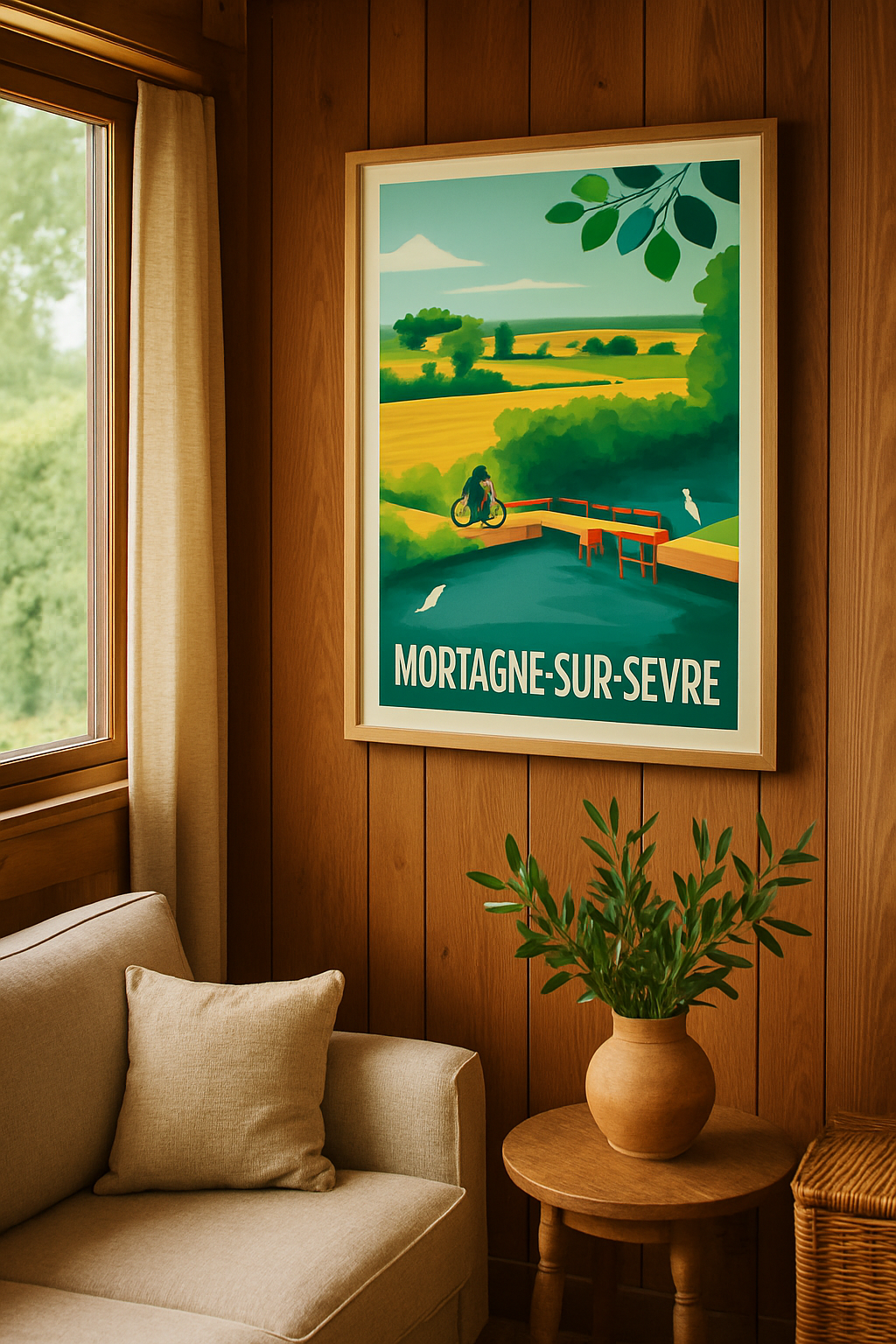 Affiche Mortagne-sur-Sèvre — Havre de paix à vélo · poster d'art de Mortagne-sur-Sèvre