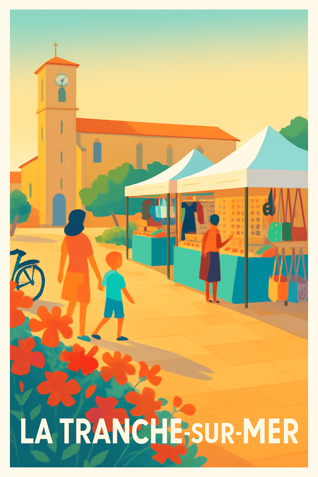Vendée France Pas de Cadre / 20 × 30cm Affiche de La Tranche-sur-Mer - Balade ensoleillée au marché local