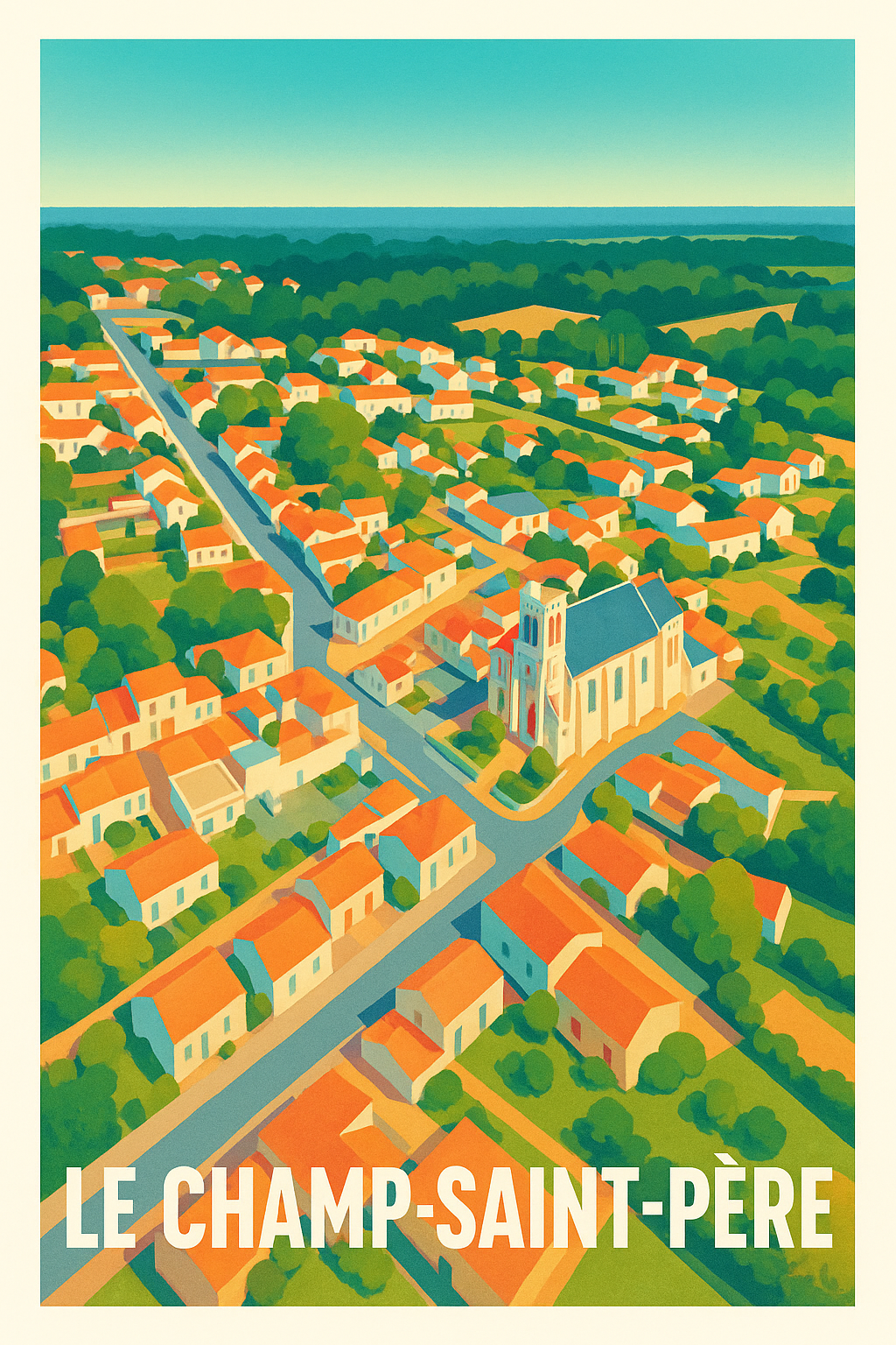 Vendée France Pas de Cadre / 20 × 30cm Affiche de Le Champ-Saint-Père - Vue panoramique et charme villageois
