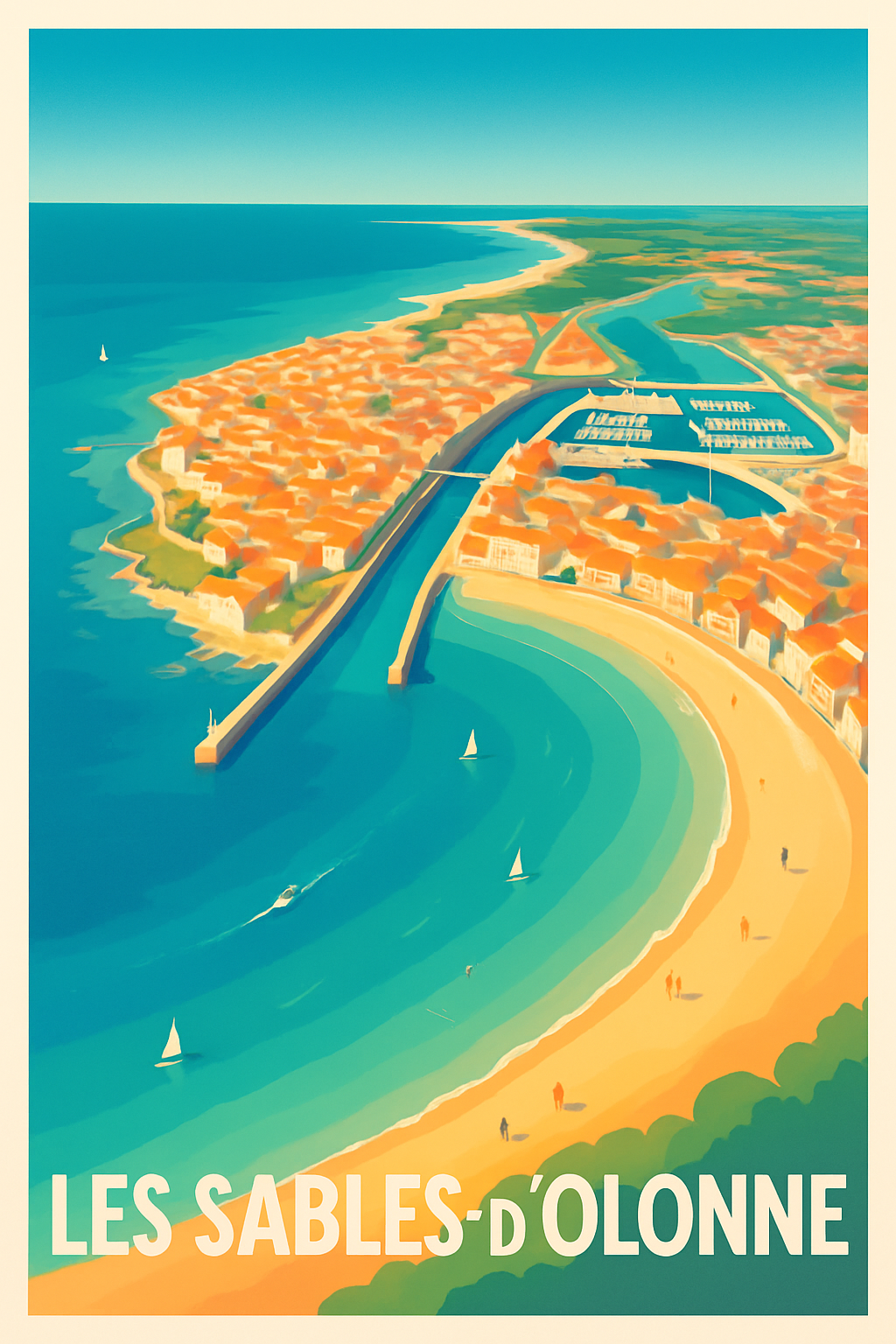 Vendée France Pas de Cadre / 20 × 30cm Affiche de Les Sables-d'Olonne - Vue ensoleillée sur la côte Atlantique