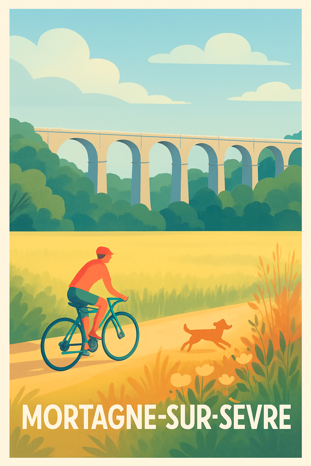 Vendée France Pas de Cadre / 20 × 30cm Affiche de Mortagne-sur-Sèvre - Promenade bucolique à vélo