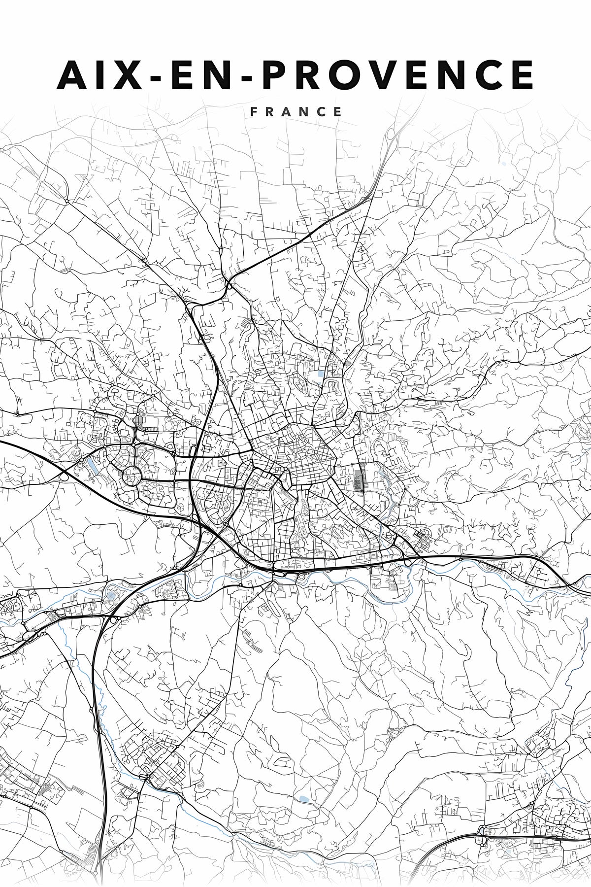 Poster d'Aix-en-Provence, plan de ville noir et blanc