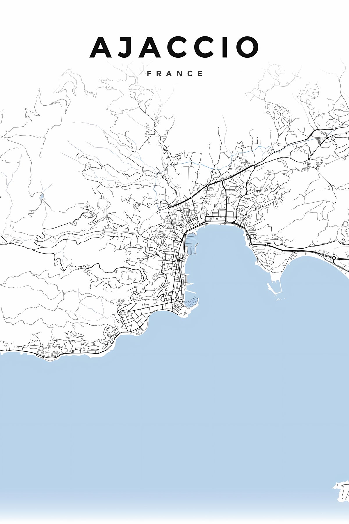 Affiche d'Ajaccio, plan de ville noir et bleu | Afich