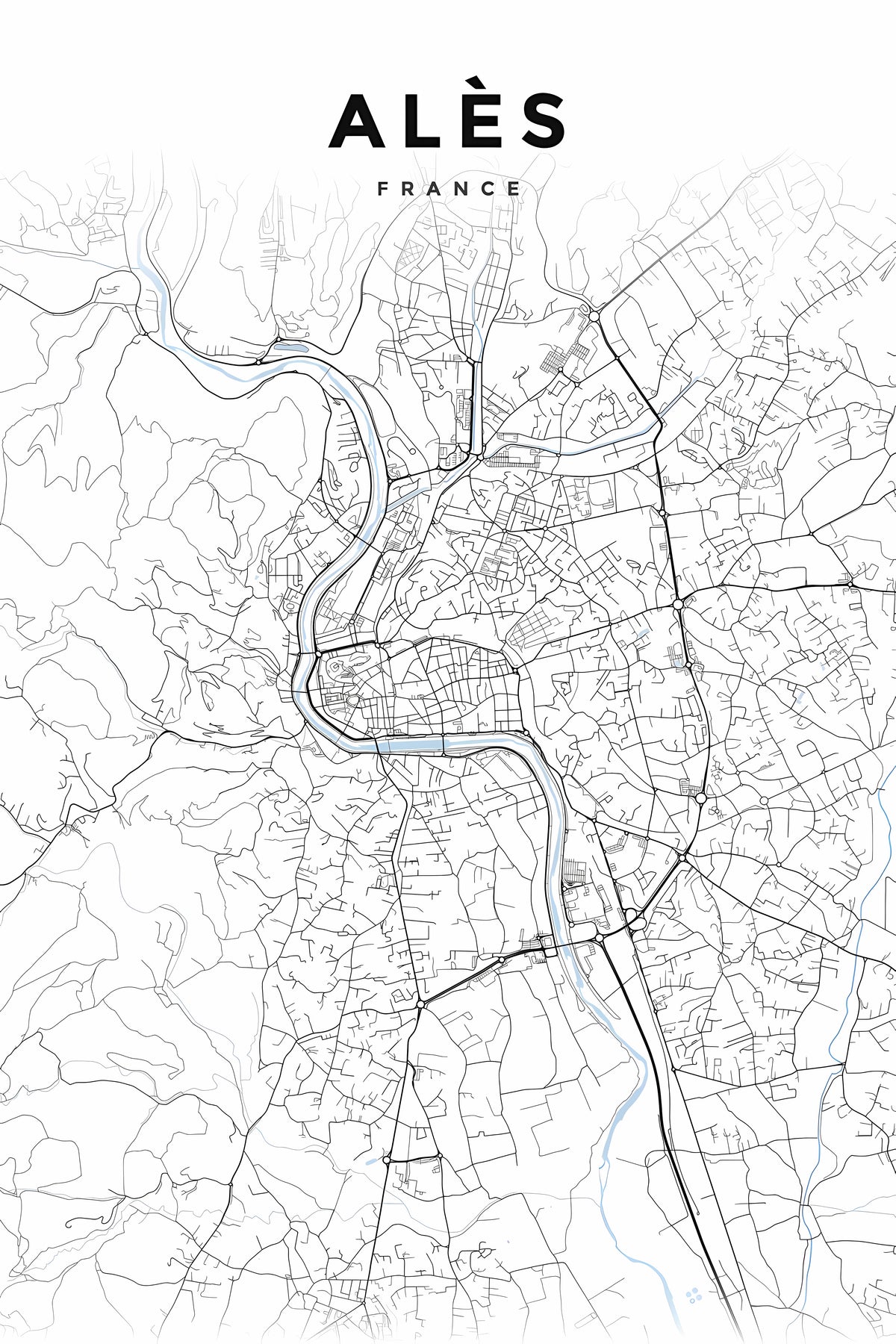Affiche d'Alès, plan de ville minimaliste | Afich