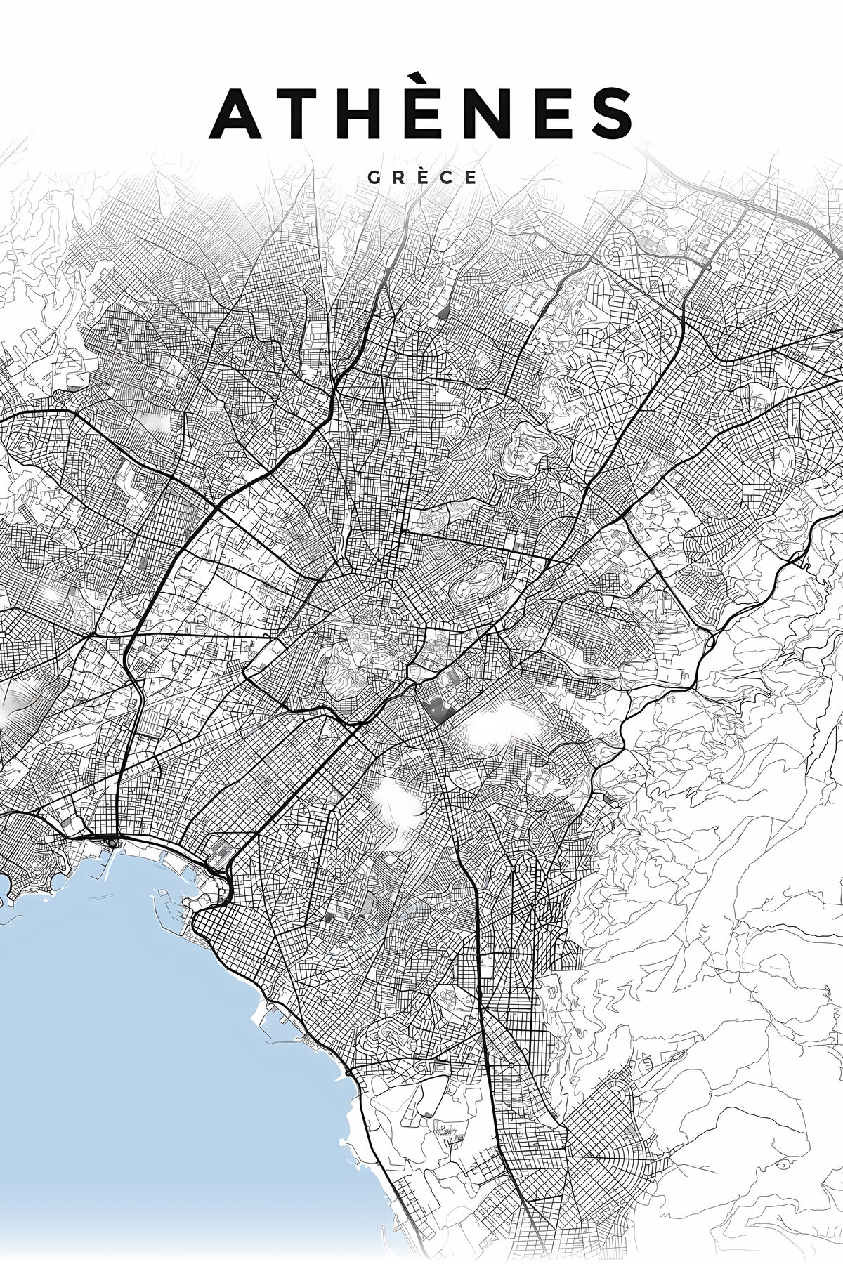 Affiche d'Athènes, plan de ville noir et blanc | Afich