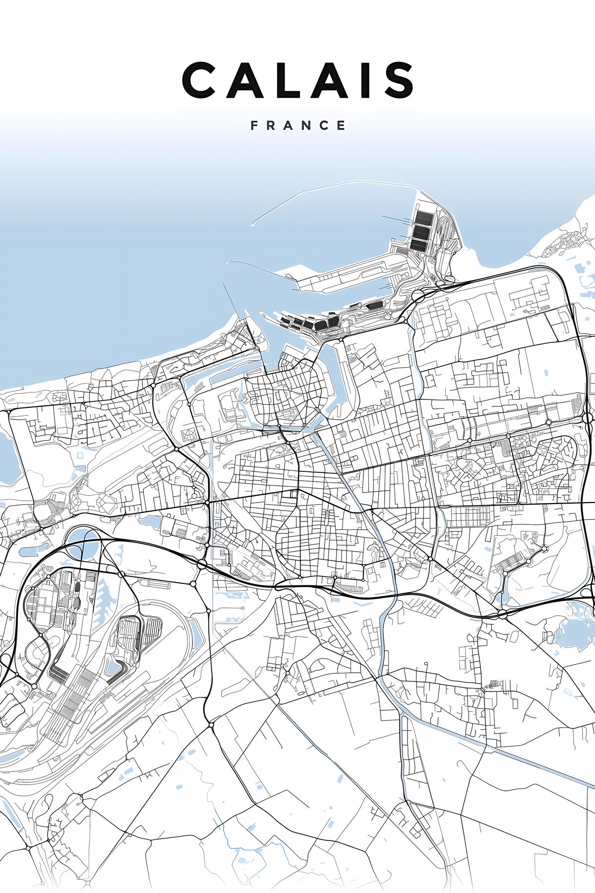 Affiche de Calais, carte urbaine noir et blanc