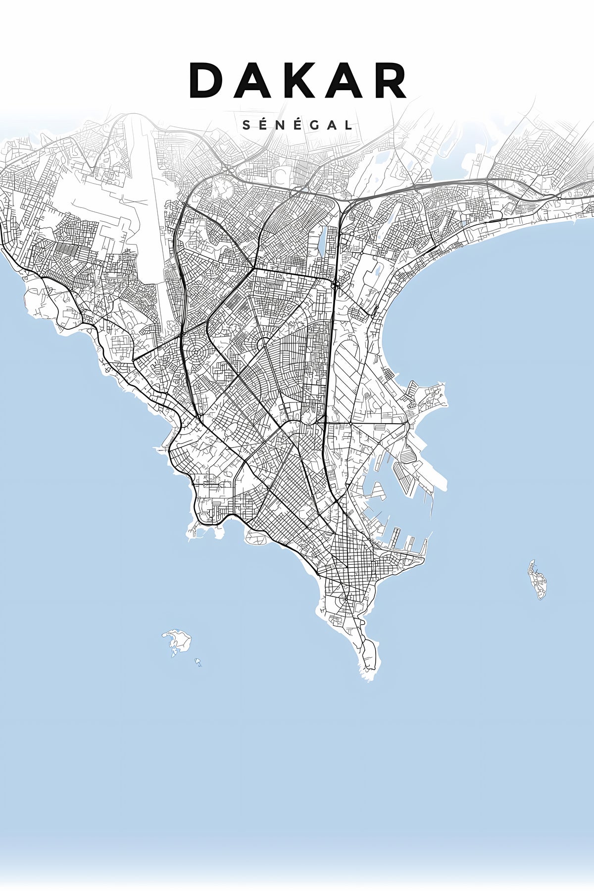 Affiche de Dakar, plan de ville noir et blanc | Afich
