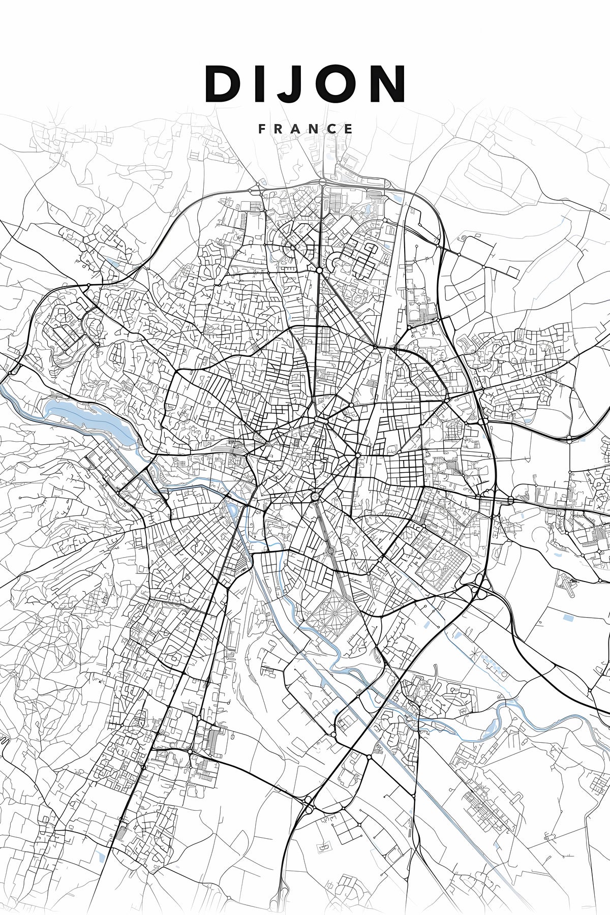 Poster de Dijon, plan de ville noir et blanc | Afich
