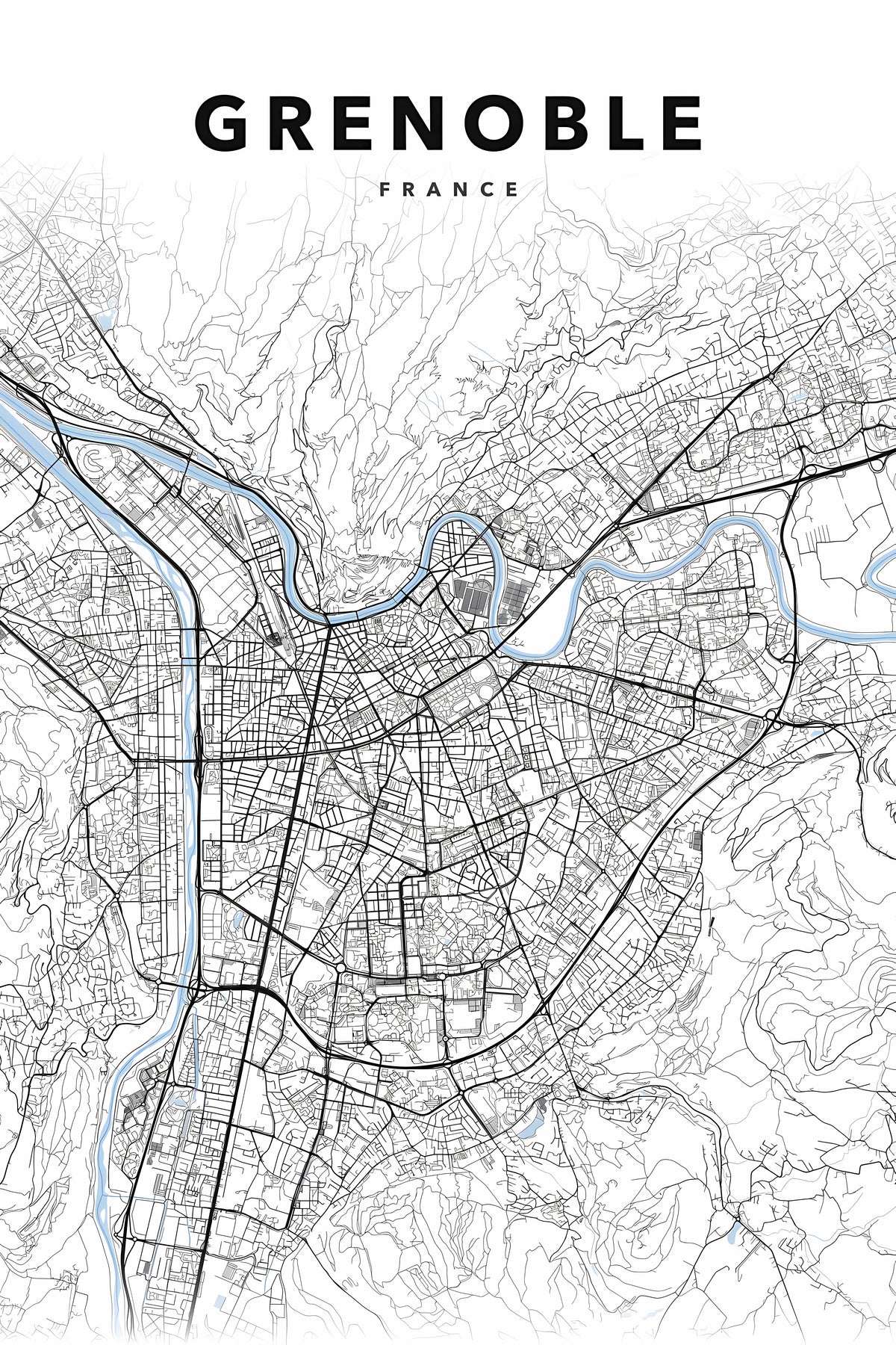 Affiche de Grenoble, plan de ville minimaliste | Afich