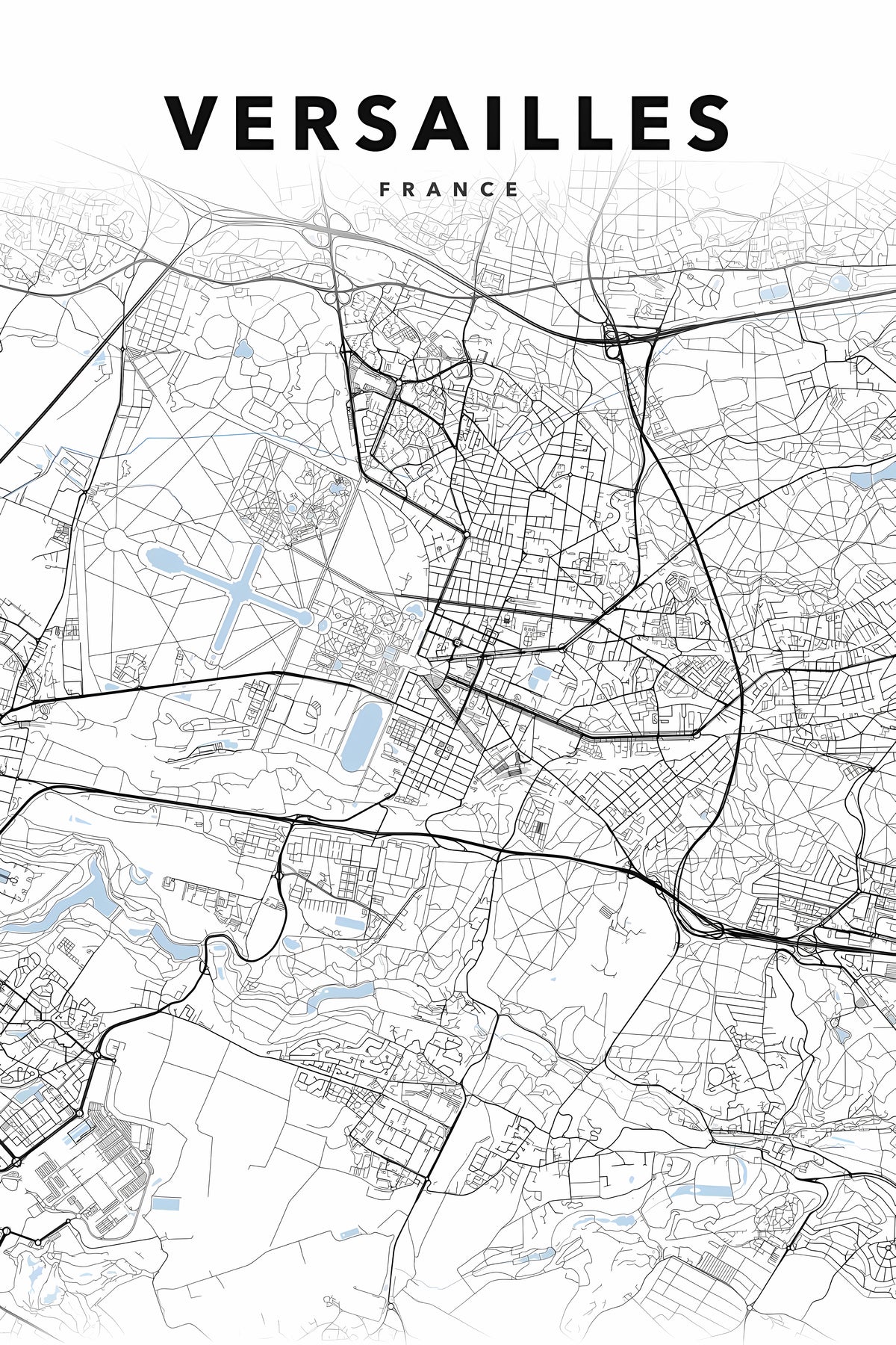 Poster de Versailles, plan de ville noir et blanc | Afich