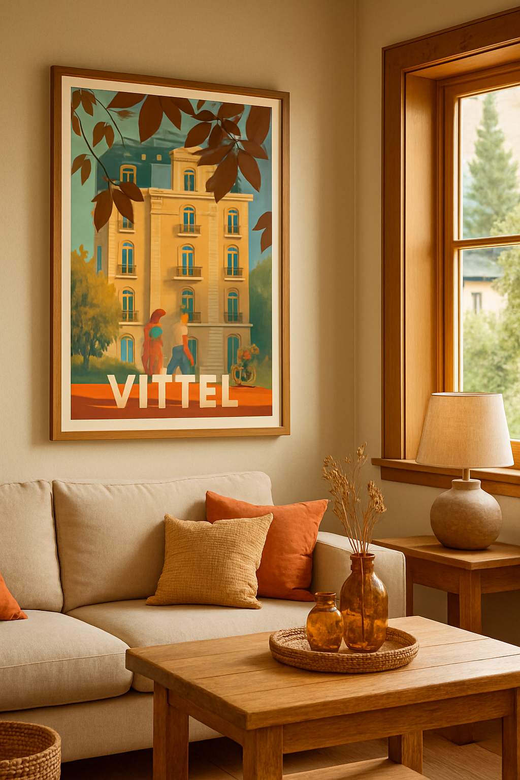 Affiche Vittel — Promenade ensoleillée sous les feuilles d'automne · poster d'art de Vittel
