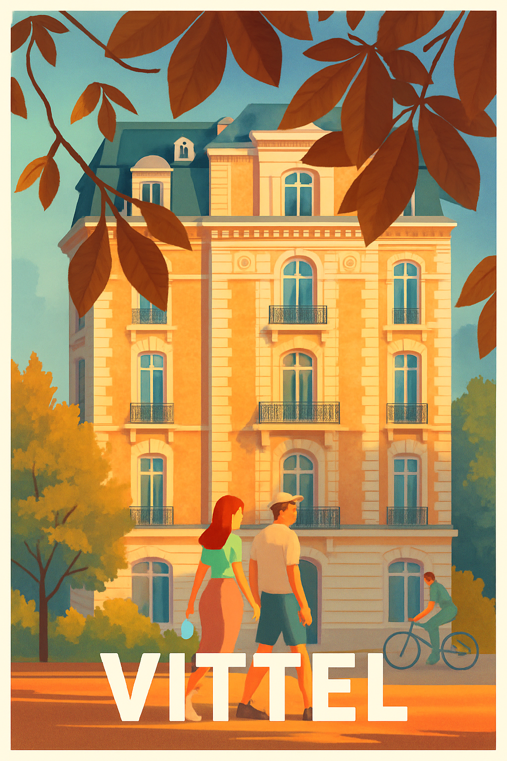 Affiche Vittel — Promenade ensoleillée sous les feuilles d'automne · poster d'art de Vittel
