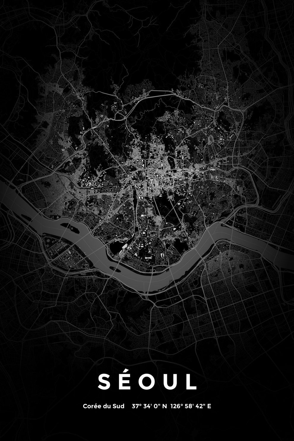 Carte de Séoul nuit - Affiche personnalisée
