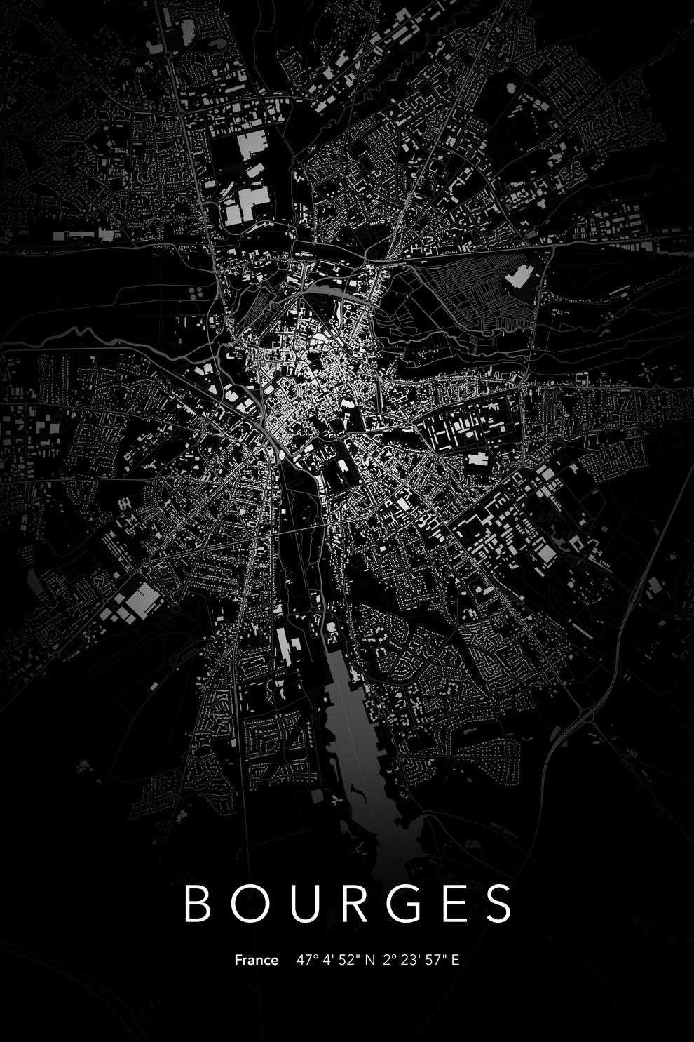 Carte de Bourges nuit - Affiche personnalisée