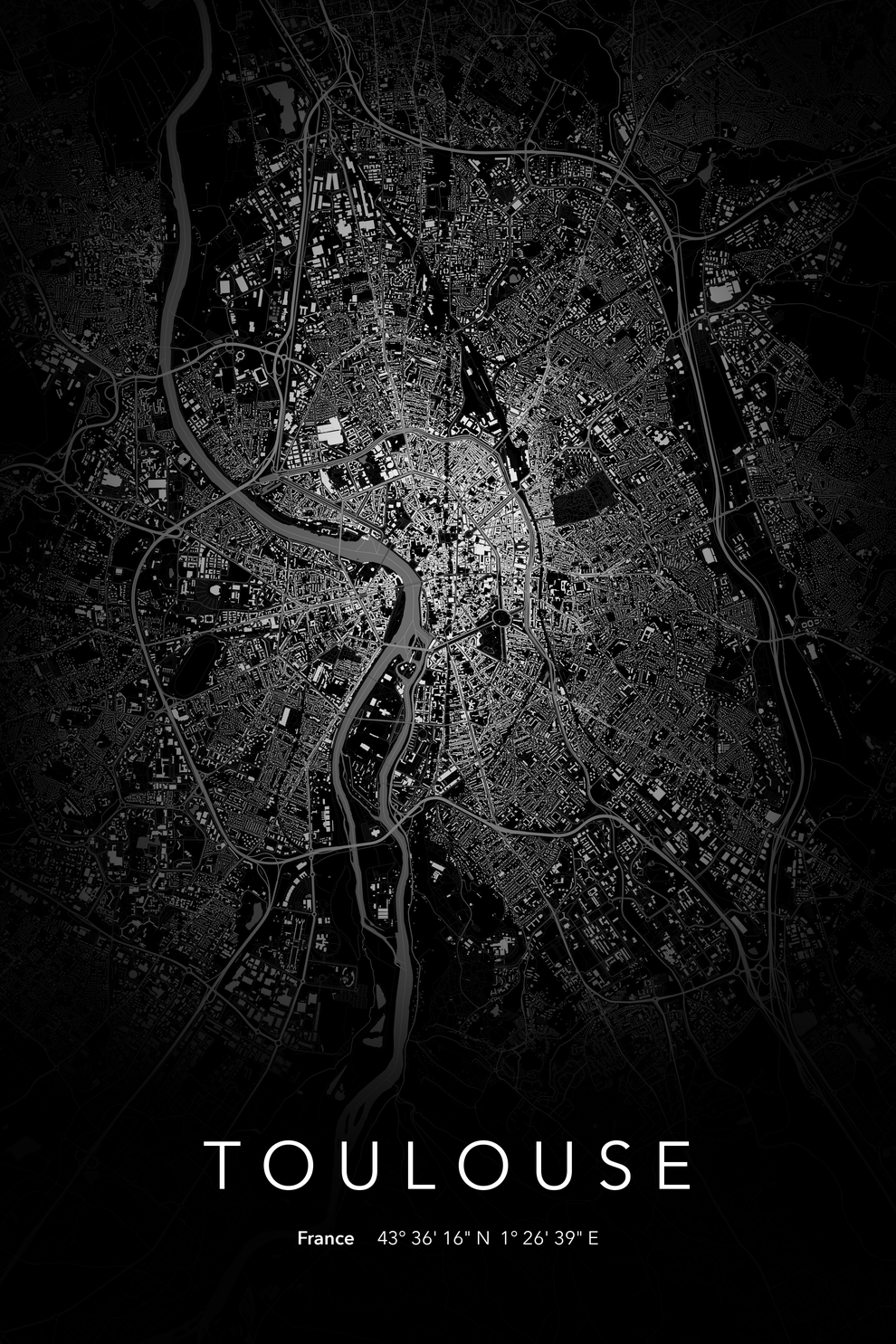 Carte de Toulouse nuit - Affiche personnalisée