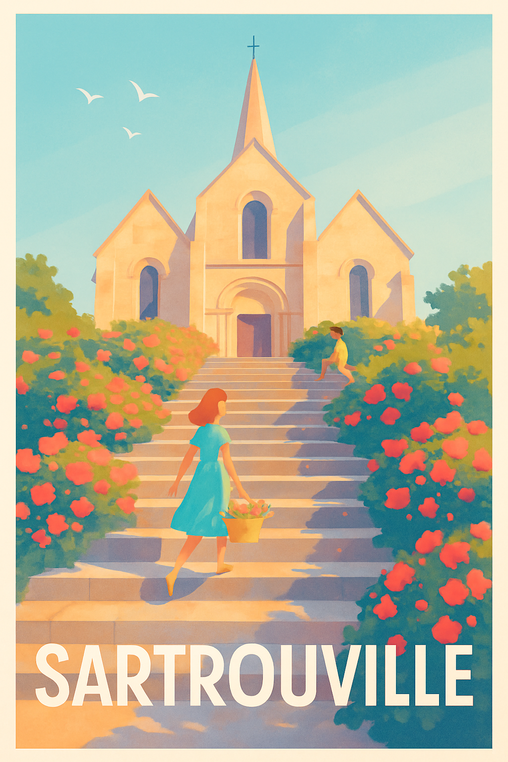 Yvelines France Pas de Cadre / 20 × 30cm Affiche de Sartrouville - Charme et douceur d’une église en fleurs