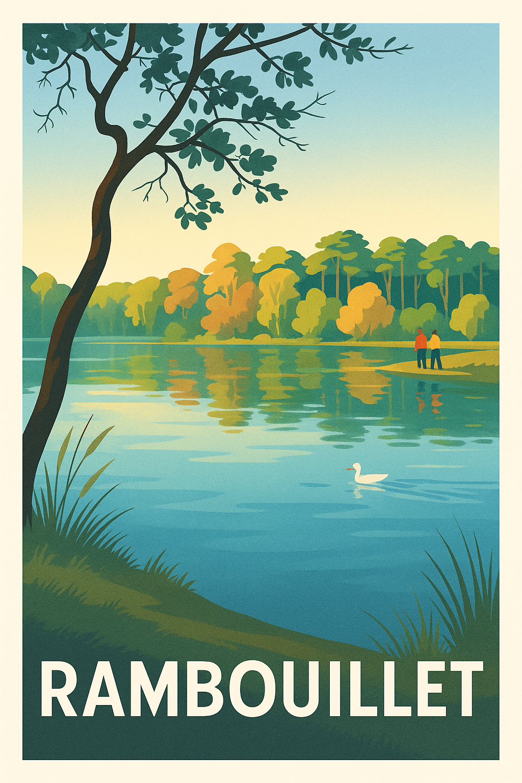 Yvelines France Pas de Cadre / 20 × 30cm Affiche Rambouillet - Sérénité au bord du lac