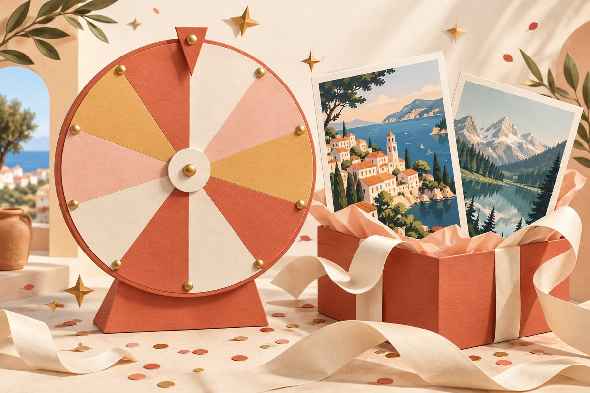 Une roue corail et des affiches qui s’échappent d’un coffret cadeau